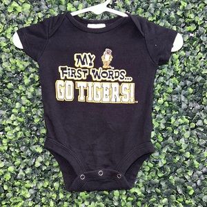 Mizzou black “My First Words…GO TIGERS” 0/3M one piece